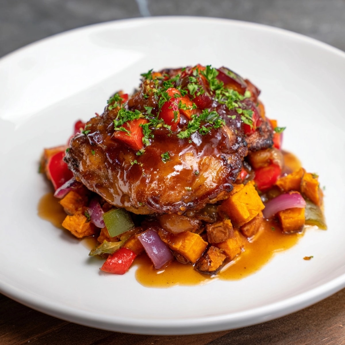 Maple Bourbon Chicken & Sweet Potato Hash, glistening with sweet, smoky glaze.