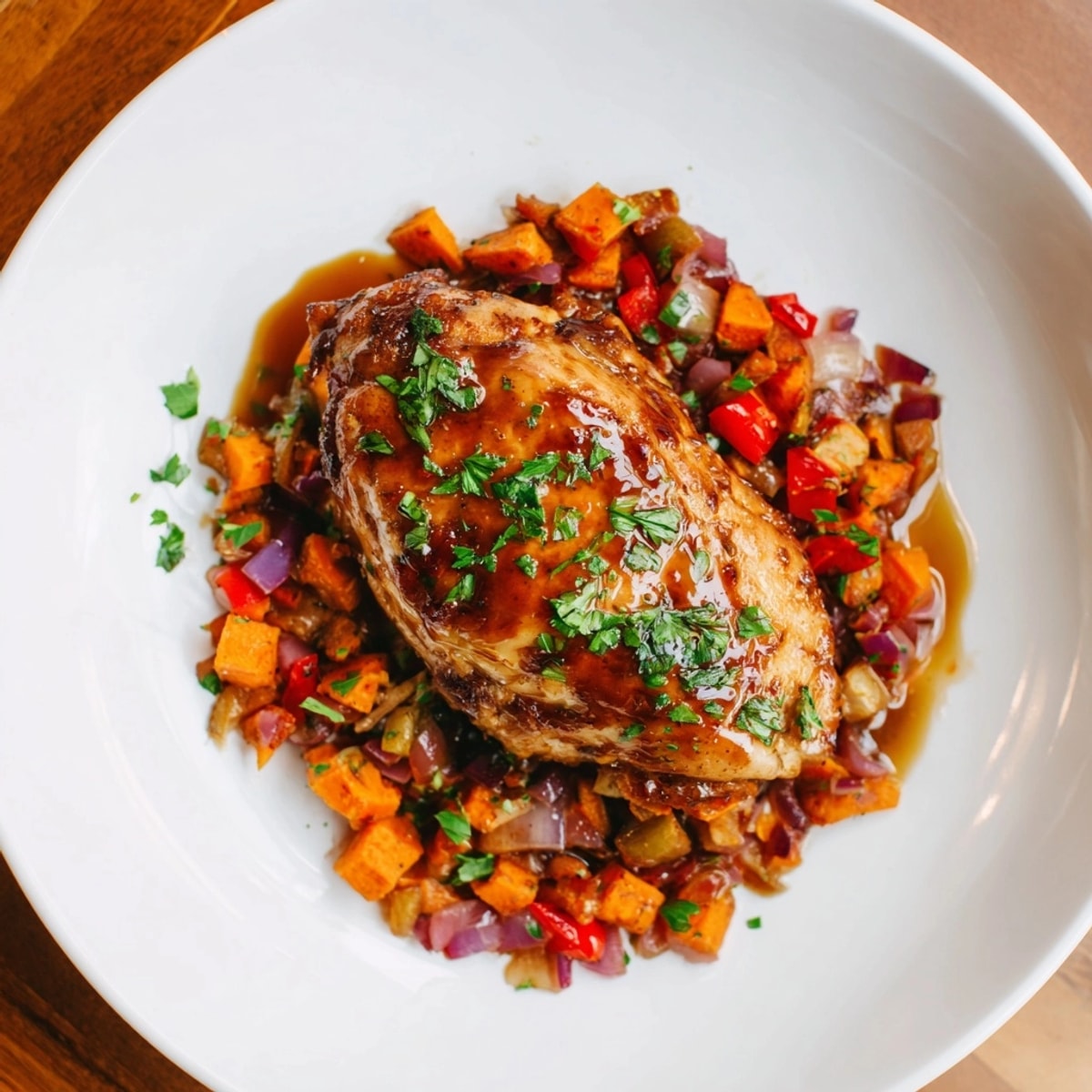 Savory Maple Bourbon Chicken recipe served over a warm, colorful sweet potato hash.