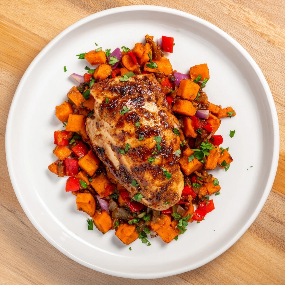 Close-up: Golden Maple Bourbon Chicken and Sweet Potato Hash, ready for dinner.