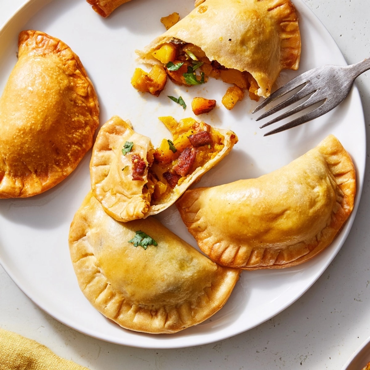 Close-up of warm, baked Spiced Pumpkin &amp; Chorizo Empanadas, a delicious savory snack.