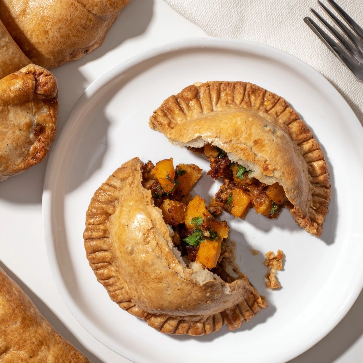 Spiced Pumpkin &amp; Chorizo Empanadas recipe: golden pastries filled with spiced pumpkin mixture.