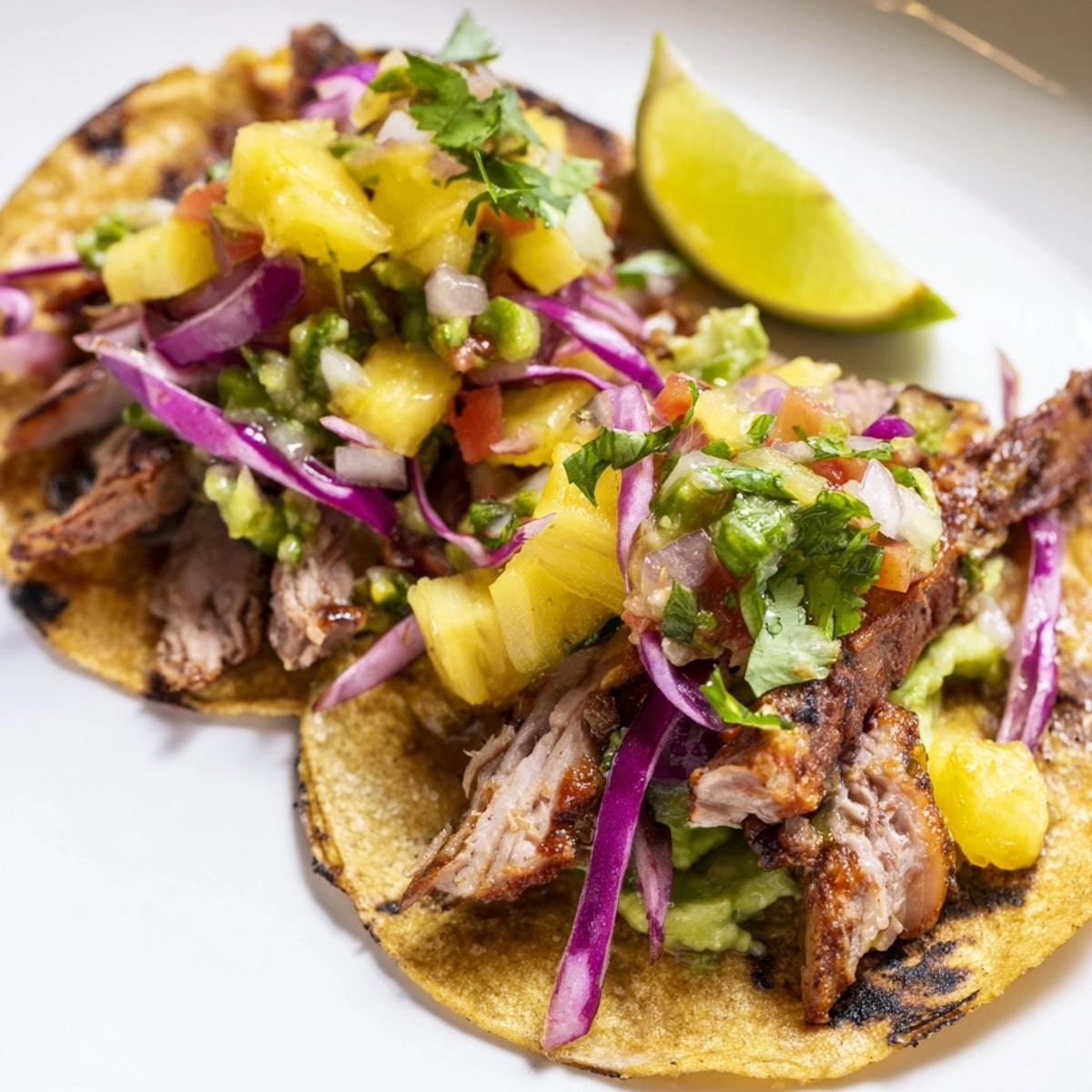 Golden Sweet & Spicy Pineapple Pork Tacos, topped with salsa in warm corn tortillas.