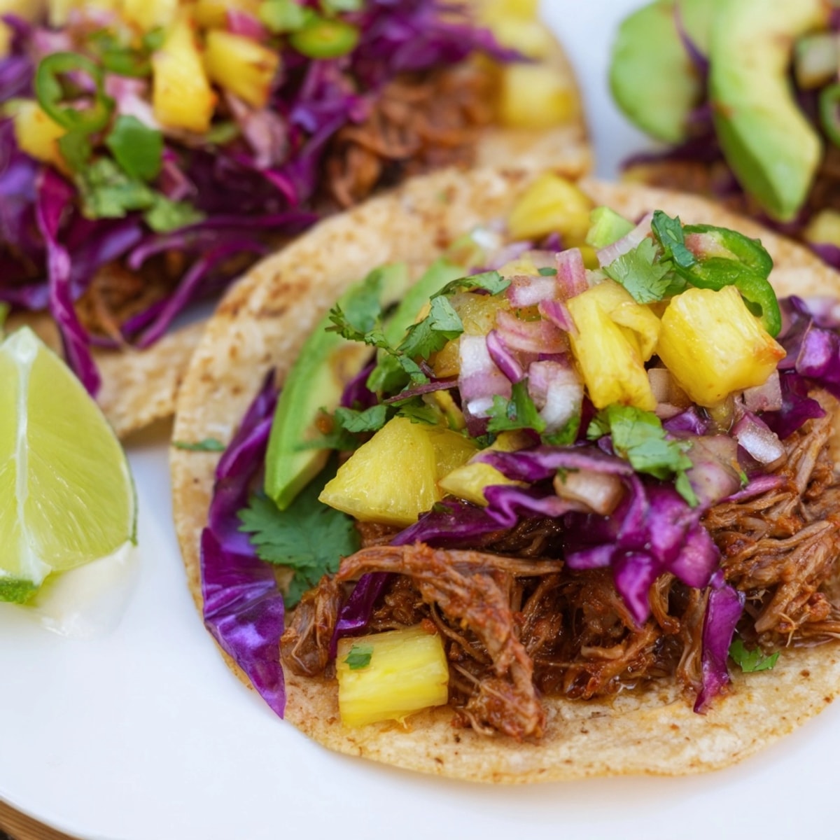Close-up of juicy Sweet &amp; Spicy Pineapple Pork Tacos with avocado and colorful cabbage slaw.