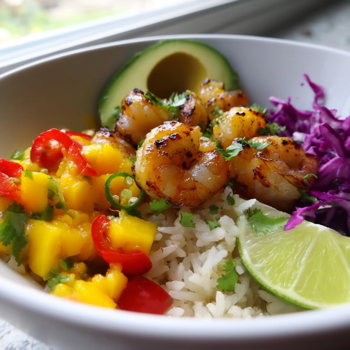 Close-up of Cilantro Lime Shrimp & Mango Salsa Bowls: Sweet mango meets savory shrimp.
