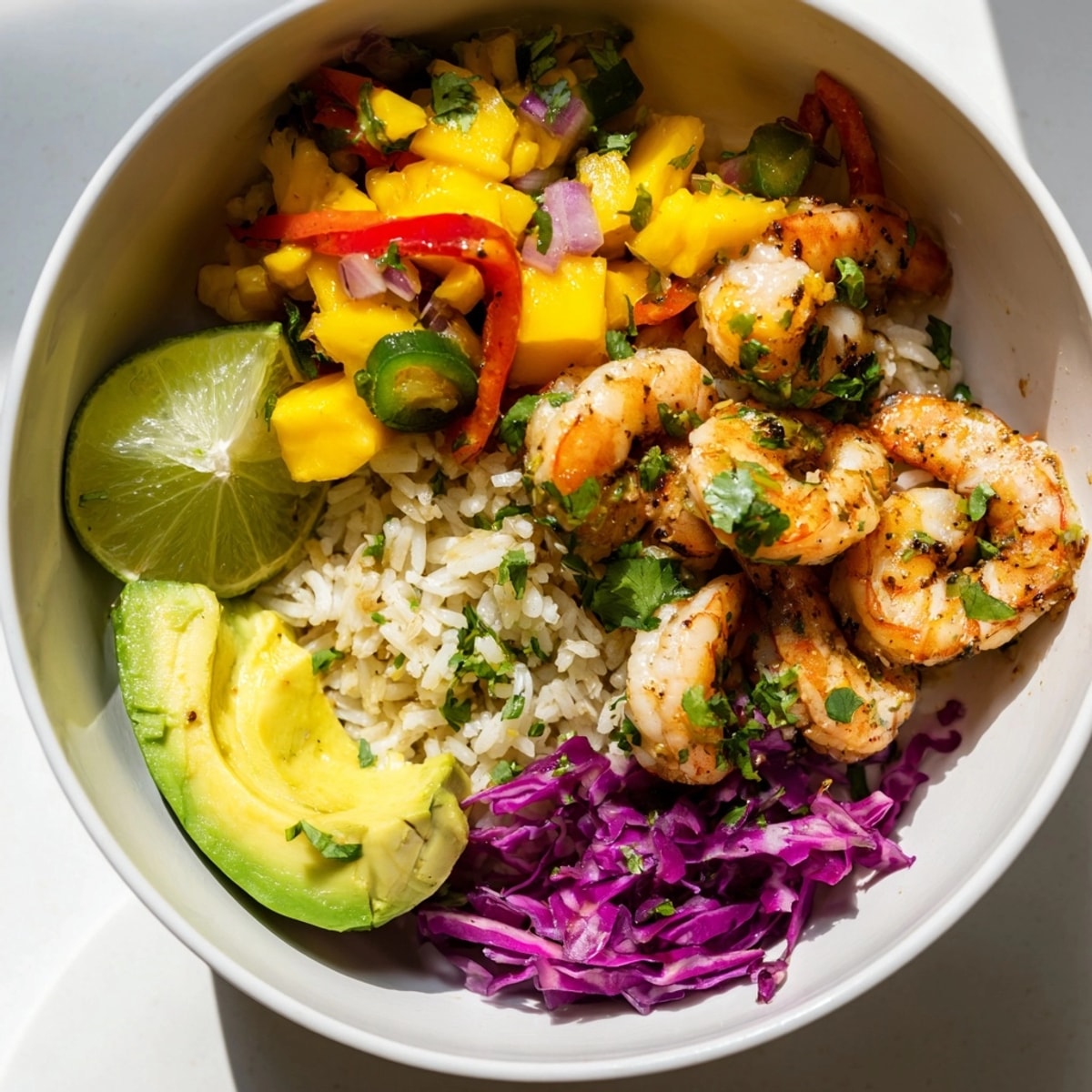 Top-down view of vibrant Cilantro Lime Shrimp & Mango Salsa Bowls ready to serve.