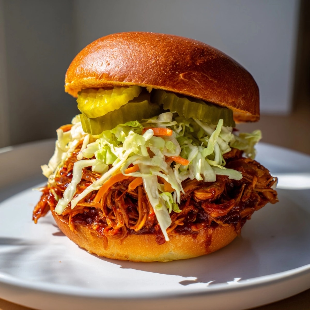 Close-up of sticky, shredded BBQ Jackfruit Pulled Pork Sandwiches with creamy slaw on toasted buns.