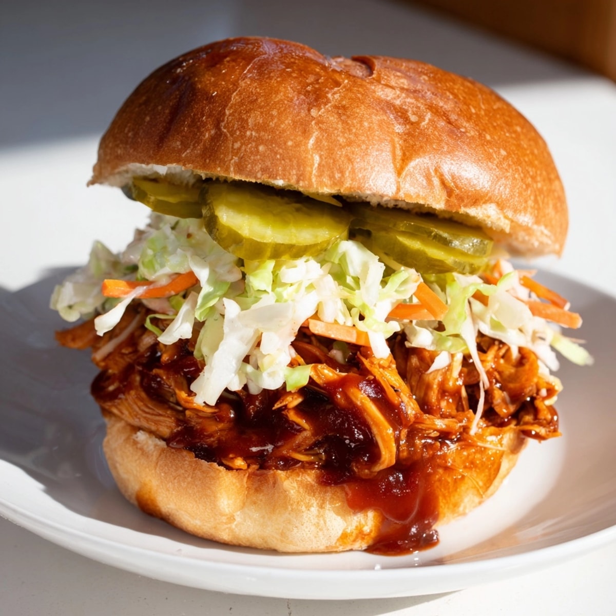 Vegan BBQ Jackfruit Pulled Pork Sandwiches, piled high with slaw, ready for a flavorful bite.
