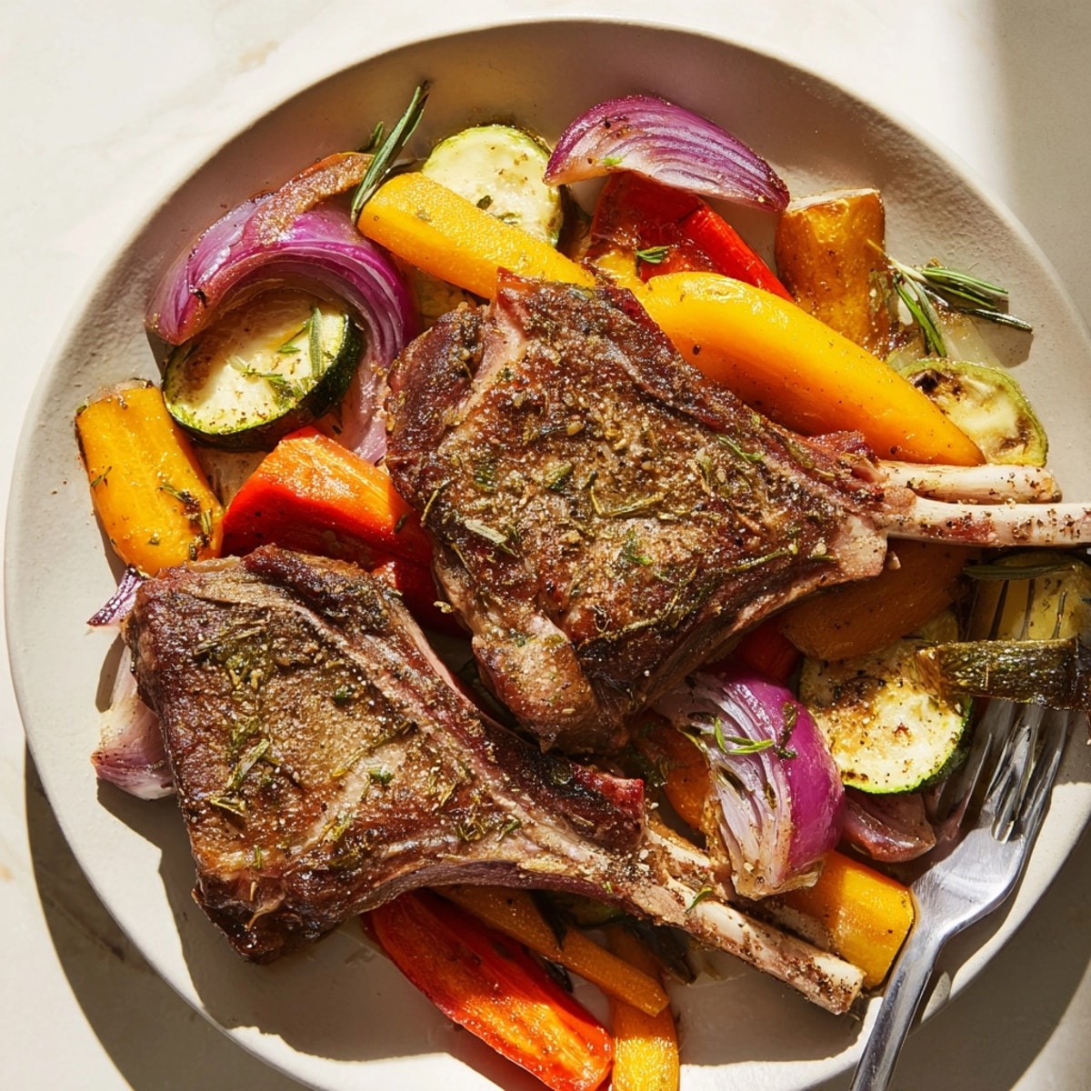 Juicy lemon herb lamb chops plated with colorful roasted vegetables, ready to serve.