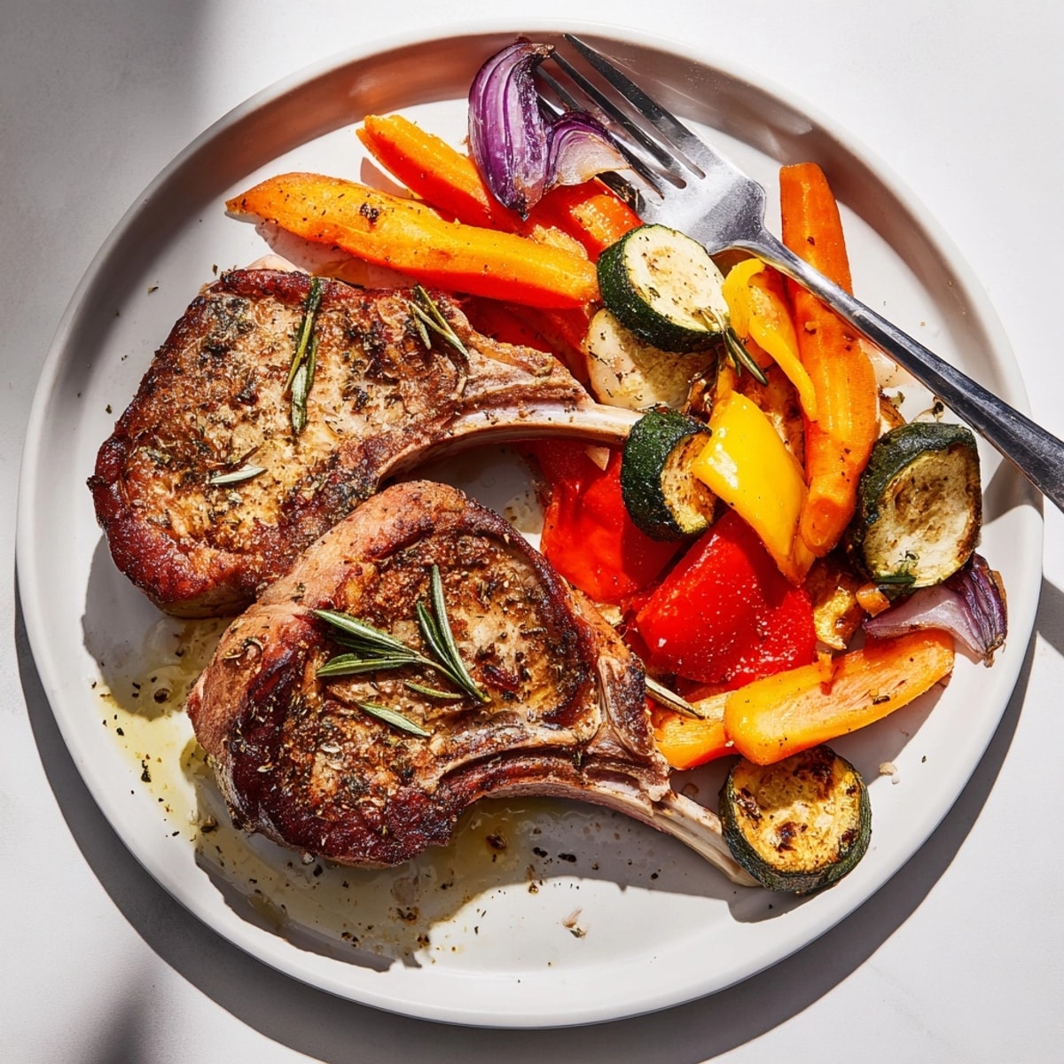 Close-up of glistening Lemon Herb Lamb Chops beside tender, caramelized vegetables; a vibrant dinner.