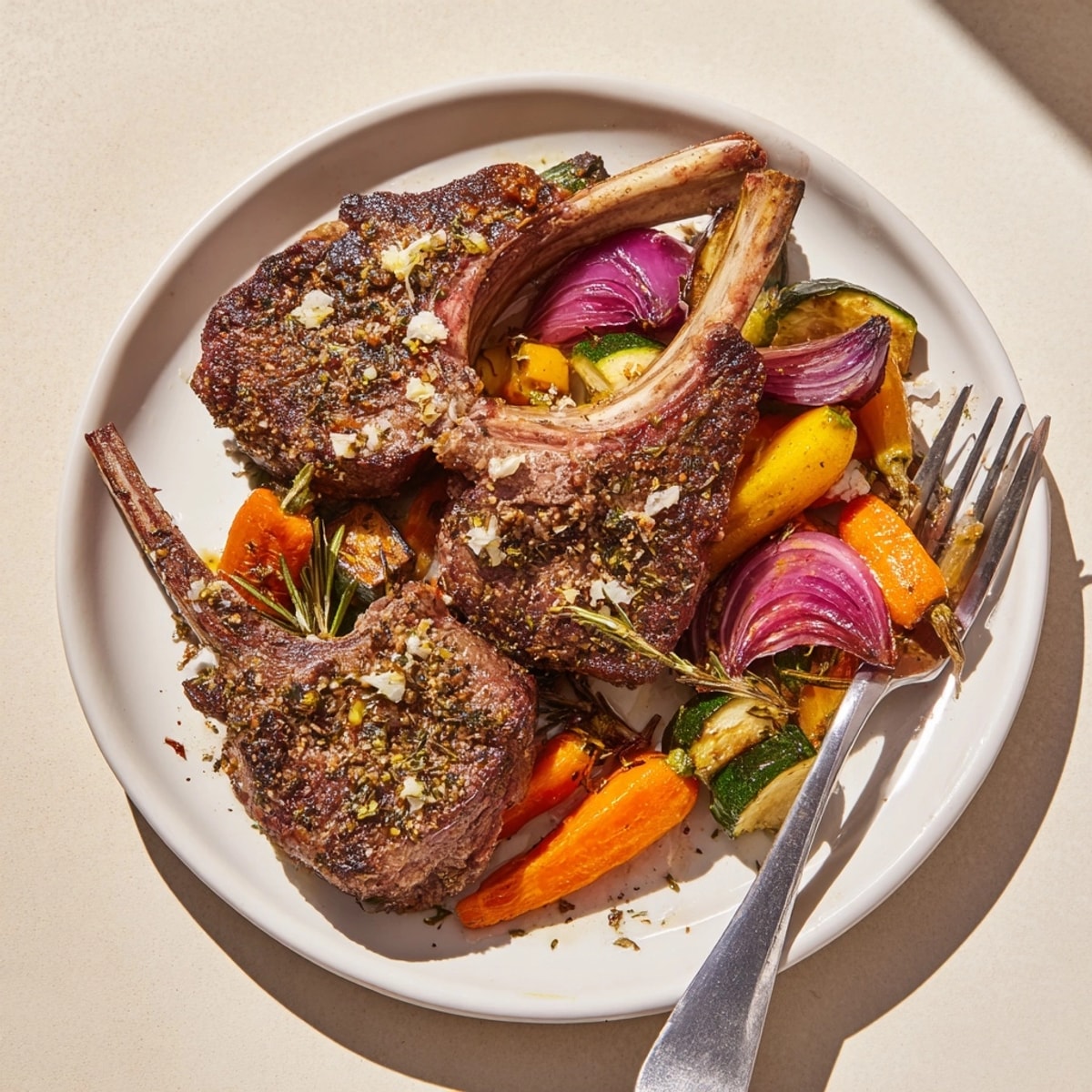 Sizzling Lemon Herb Lamb Chops, seasoned to perfection, alongside roasted peppers and zucchini, mouthwatering.