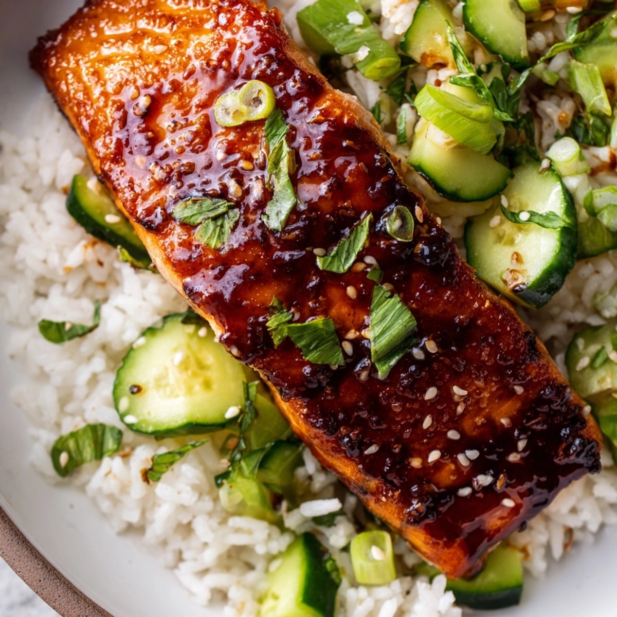 Close-up: glistening Sriracha Glazed Salmon & Cucumber Rice, ready to enjoy for dinner.