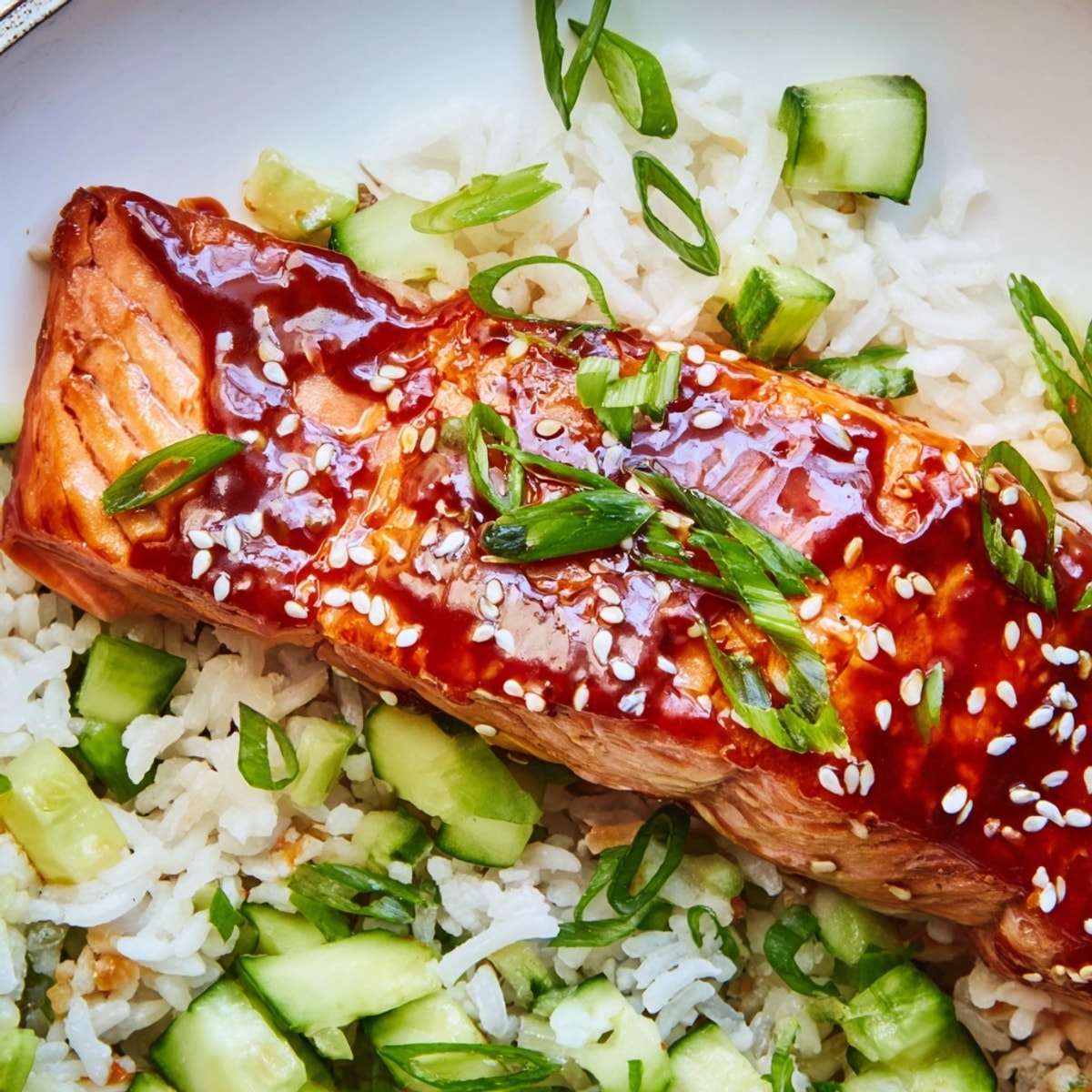 A vibrant plate: Sriracha Glazed Salmon recipe with fluffy cucumber-infused rice, garnished beautifully.
