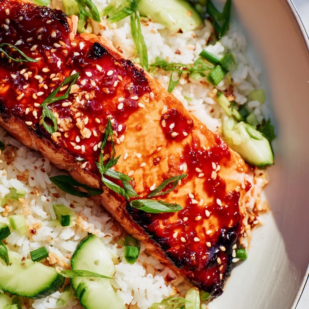 Baked Sriracha Glazed Salmon: flakey fillet atop fragrant Asian-style cucumber rice recipe.