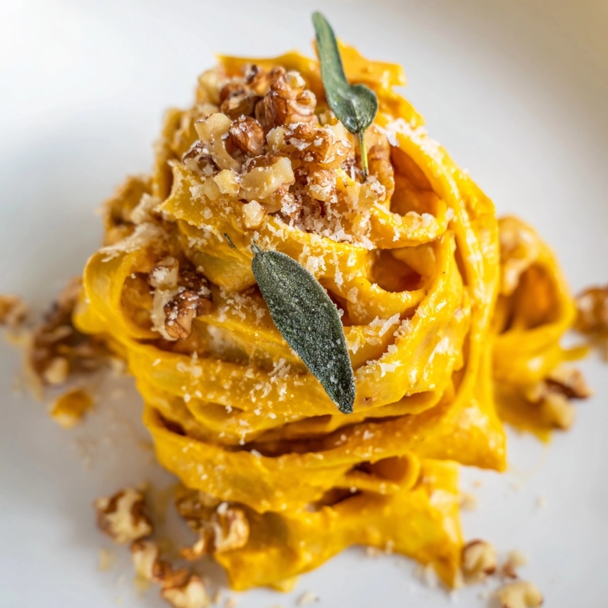 Creamy Pumpkin Pasta with Sage & Walnuts, a comforting bowl with toasted nut topping.