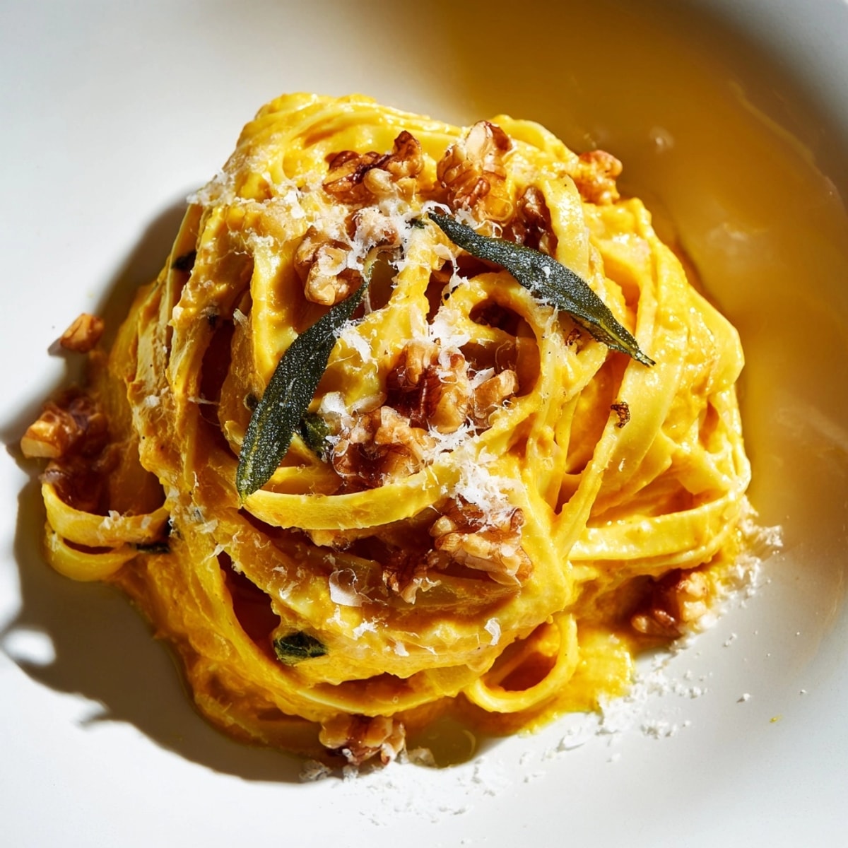 Close-up of golden Pumpkin Pasta highlighting creamy sauce and fresh sage garnish.