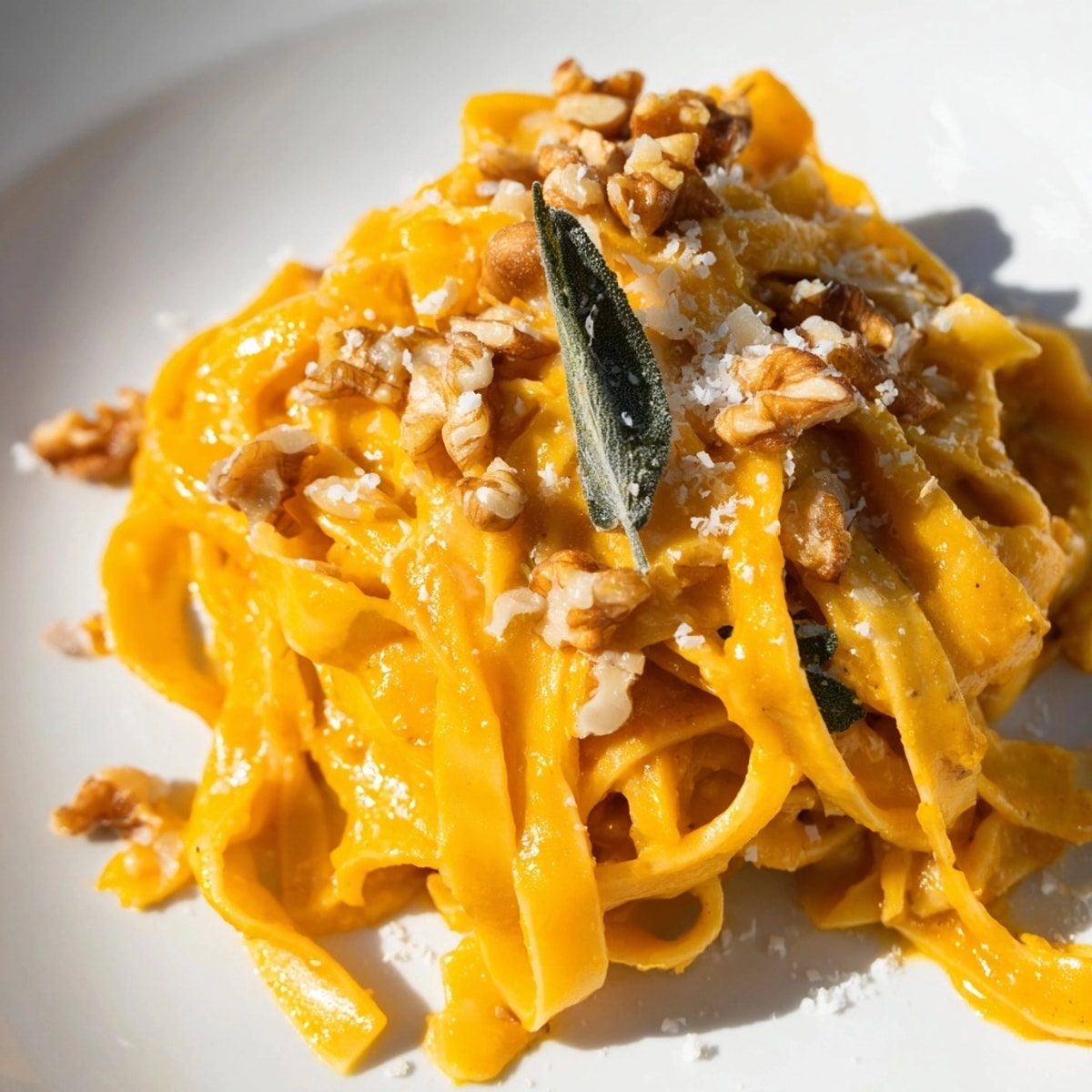 Easy autumn dinner: Vegetarian Pumpkin Pasta recipe with walnuts ready to serve.