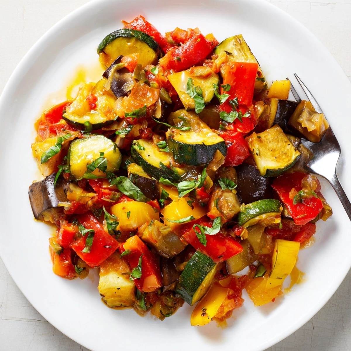 Close-up image of vibrant, simmering Easy Ratatouille in a rustic Dutch oven, ready to serve.