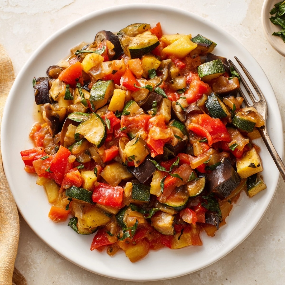 Serving suggestion: Warm, fragrant Easy Ratatouille with crusty bread, perfect for a light summer dinner.