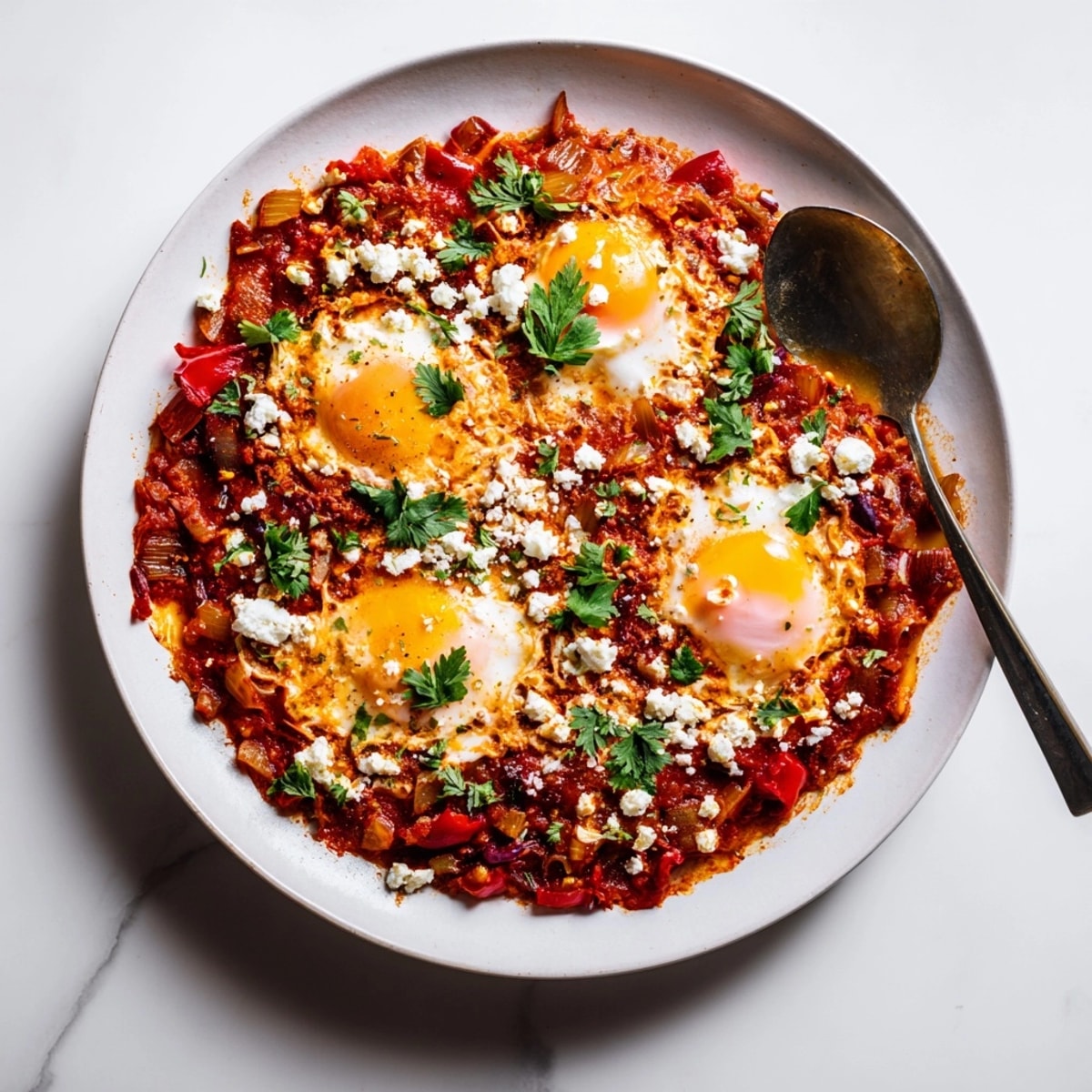 Golden yolks peek from a bubbling, spicy Shakshuka in rich tomato sauce, ready to serve.