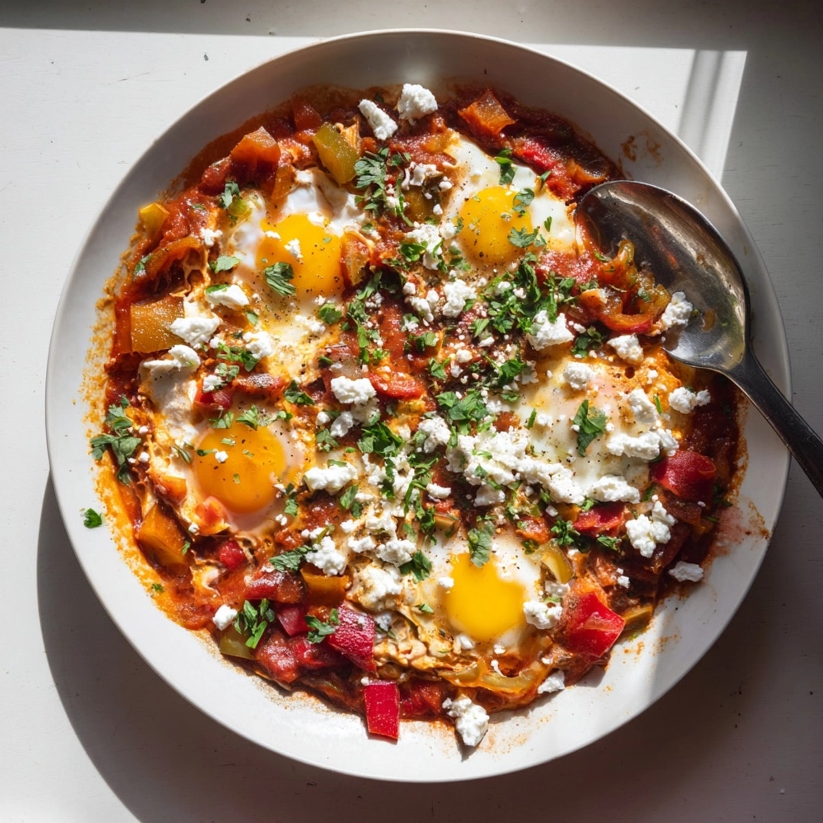 Close-up of homemade Spicy Shakshuka: vibrant peppers and herbs make it a flavorful brunch.