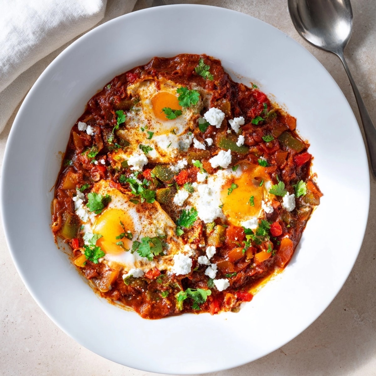 Warm, comforting Spicy Shakshuka featuring runny eggs nestled in a perfectly spiced vegetable base.