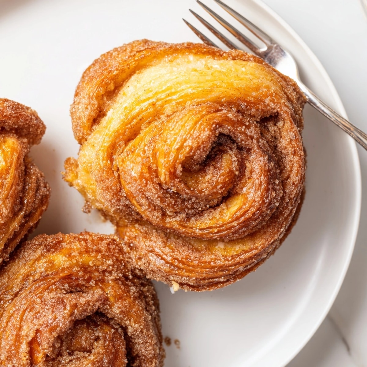 Golden brown Cinnamon Sugar Cruffins, still warm from the oven, dusted in sweet spice.
