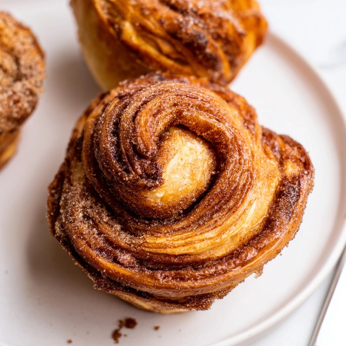 Close-up of a freshly baked Cinnamon Sugar Cruffin, its swirls glistening, ready to eat.