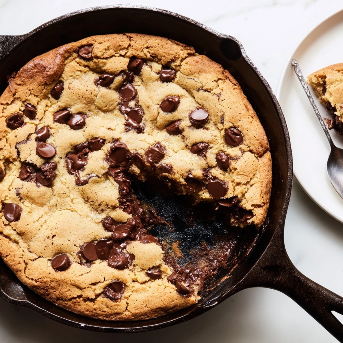 Warm, gooey Cast Iron Skillet Cookie fresh from the oven, ready to be sliced.