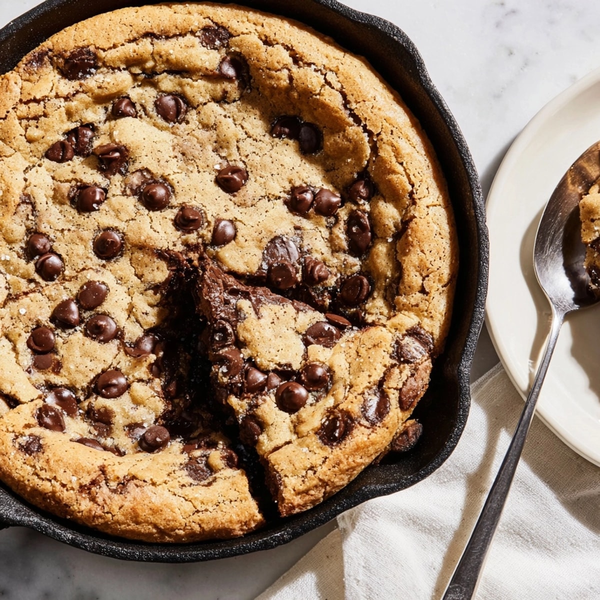 Golden brown Cast Iron Skillet Cookie, oozing melted chocolate; serve with icecream.