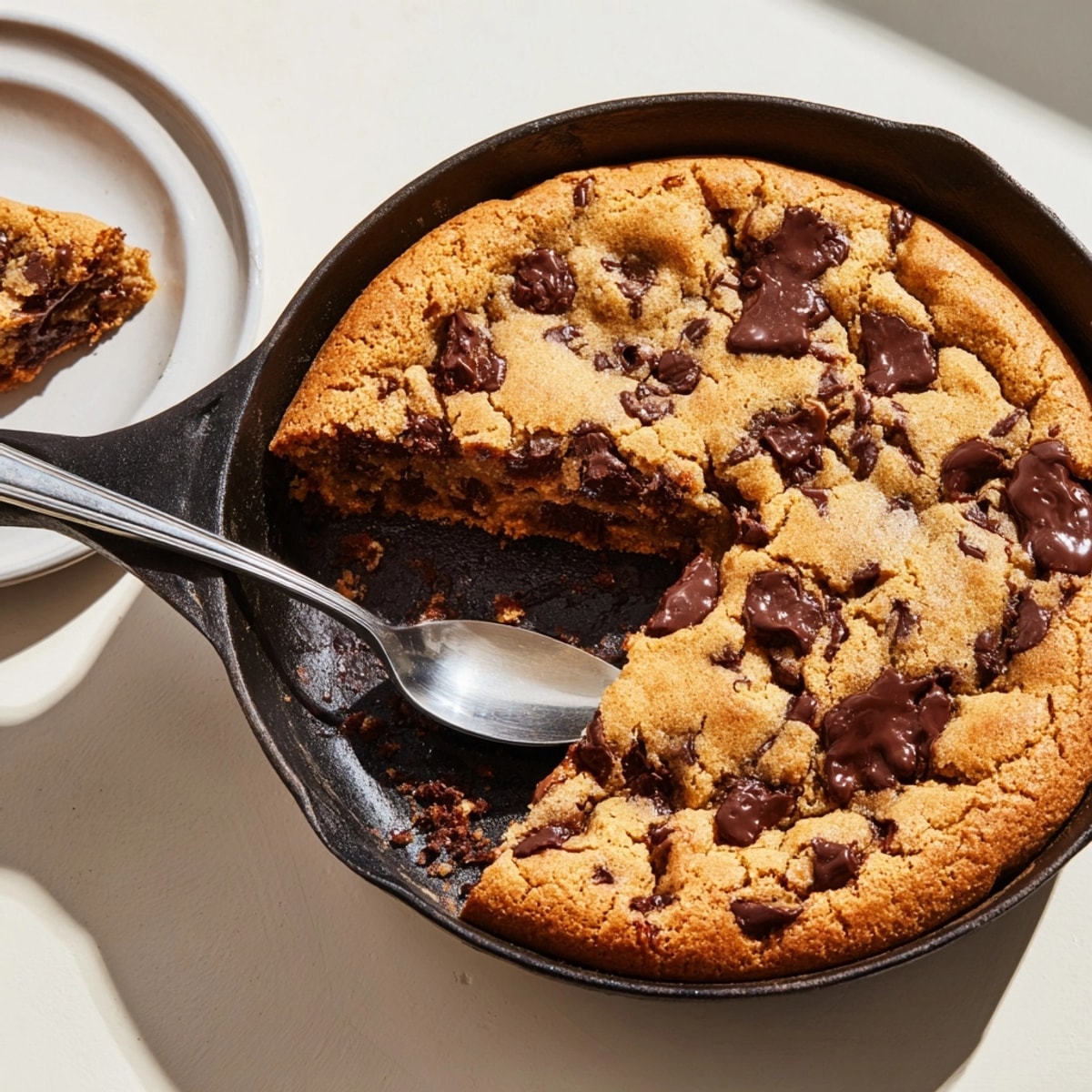 Giant, shareable Cast Iron Skillet Cookie, baked until crisp at edges and chewy within.