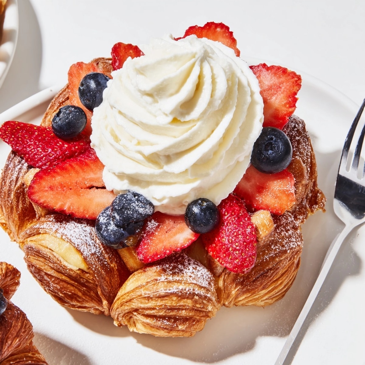 Golden brown croffles recipe, still warm on a waffle iron, topped with cream.
