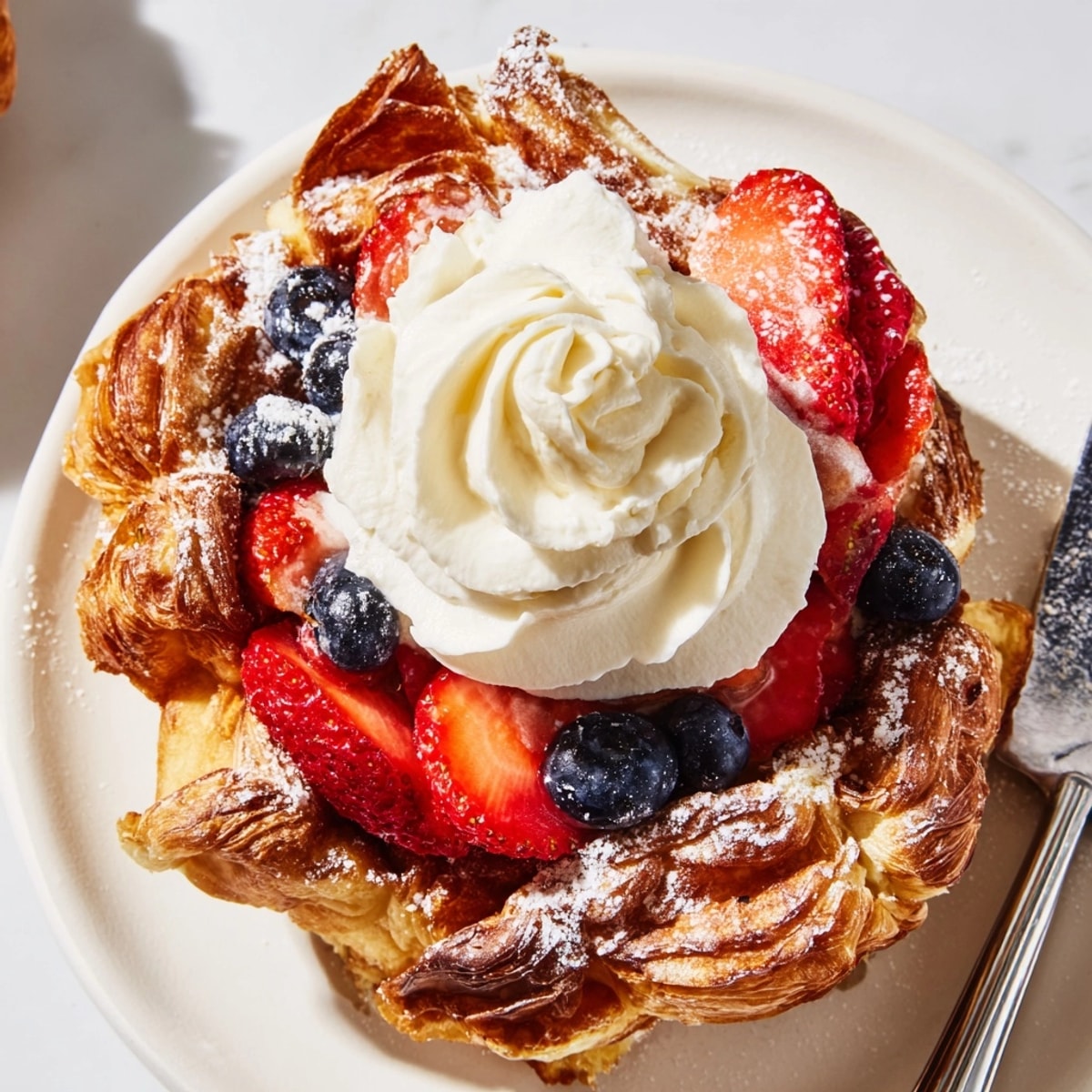 Homemade croffles with cream: Flaky layers visible, served with berries, maple syrup option.