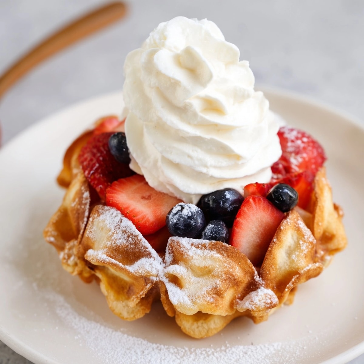 Close-up of a croffle recipe, glistening with sugar, topped by softly whipped cream.