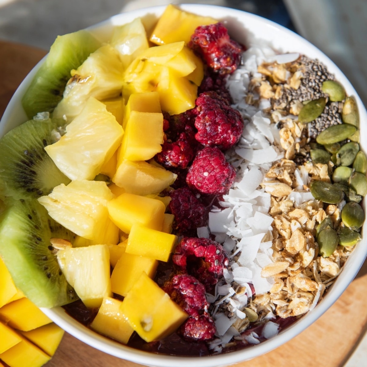 Vibrant Tropical Acai Bowl recipe: a cool, blended breakfast topped with colorful fruits and granola.