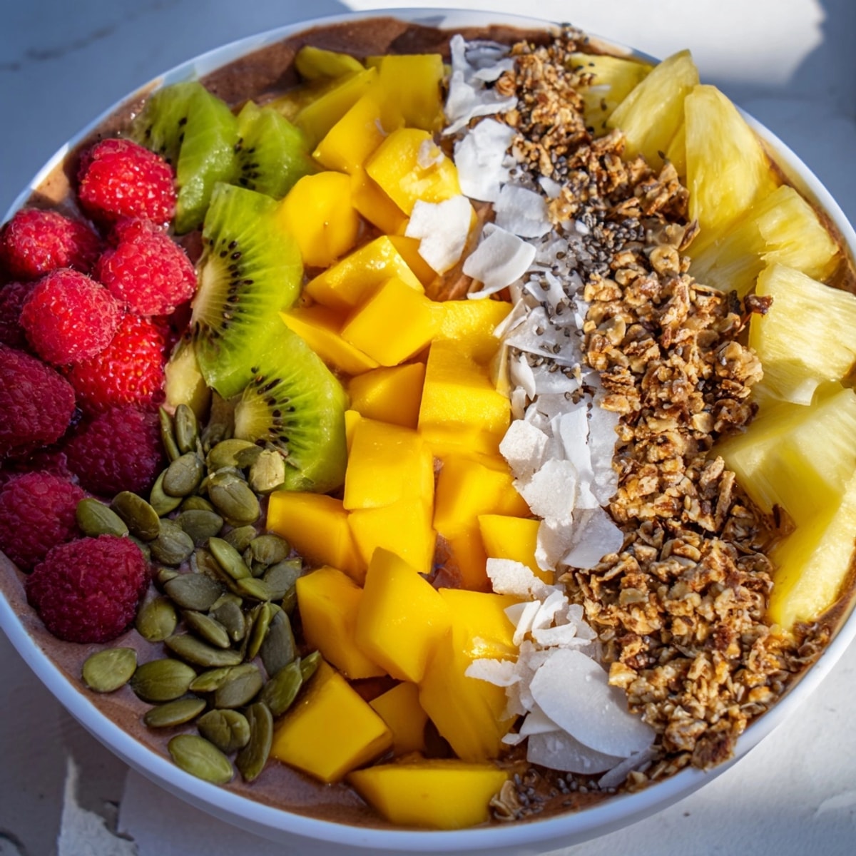 Close-up of a creamy Tropical Acai Bowl, bursting with vibrant mango, kiwi, and crunchy toppings.