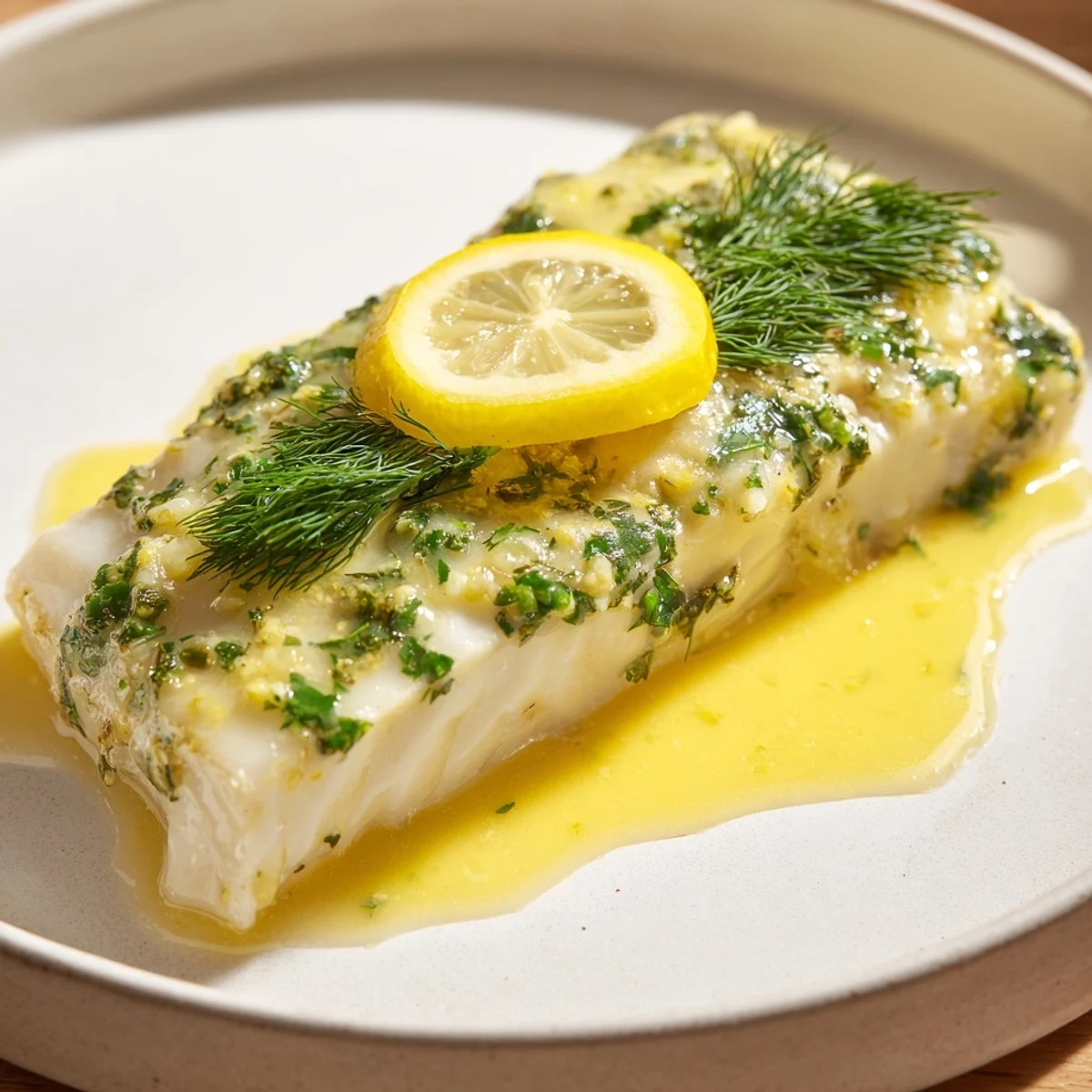 Succulent Baked Halibut with Lemon Butter, glistening atop a light, flaky fish portion.