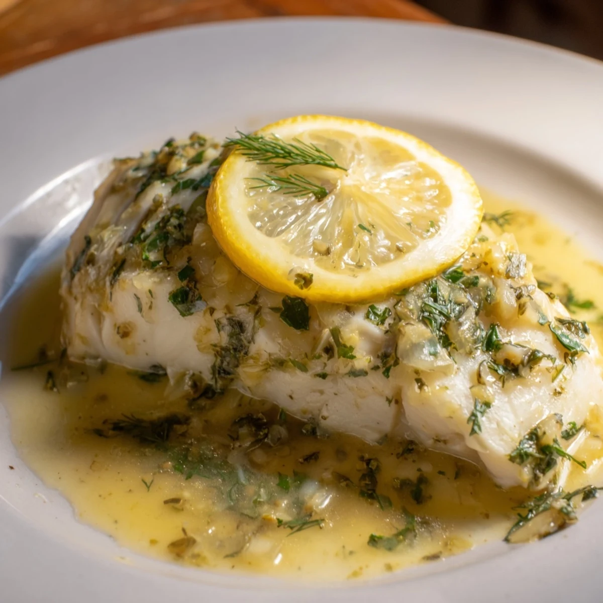 Golden baked halibut fillets with fragrant lemon butter, ready to serve and enjoy.
