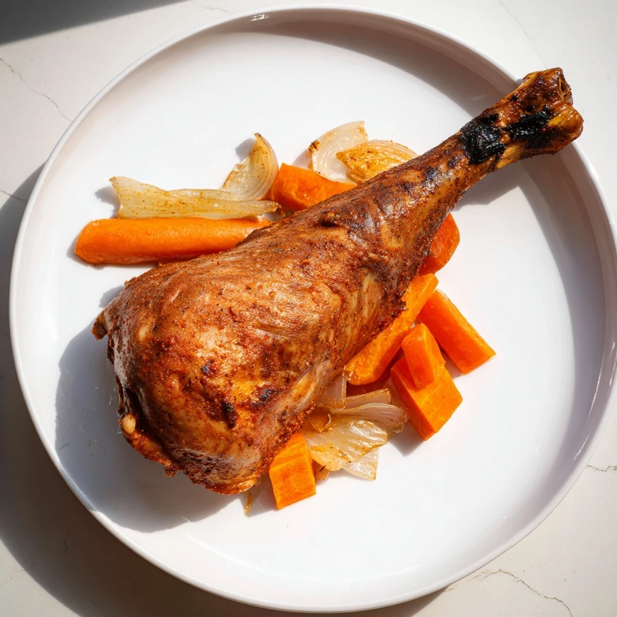 Golden-skinned slow roasted turkey legs, ready to be enjoyed with their rich, delicious, savory juices.