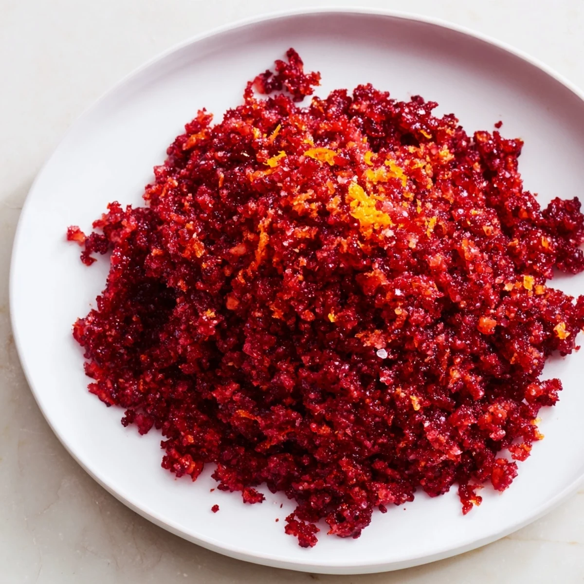 A close-up of a bowl filled with homemade Cranberry Orange Relish, vibrant and textured.