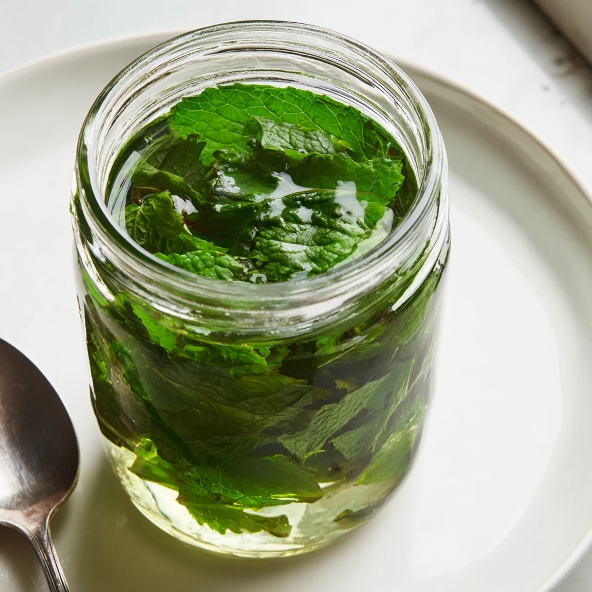 Homemade peppermint extract, a clear, potent liquid, sits in a glass jar, ready to flavor.