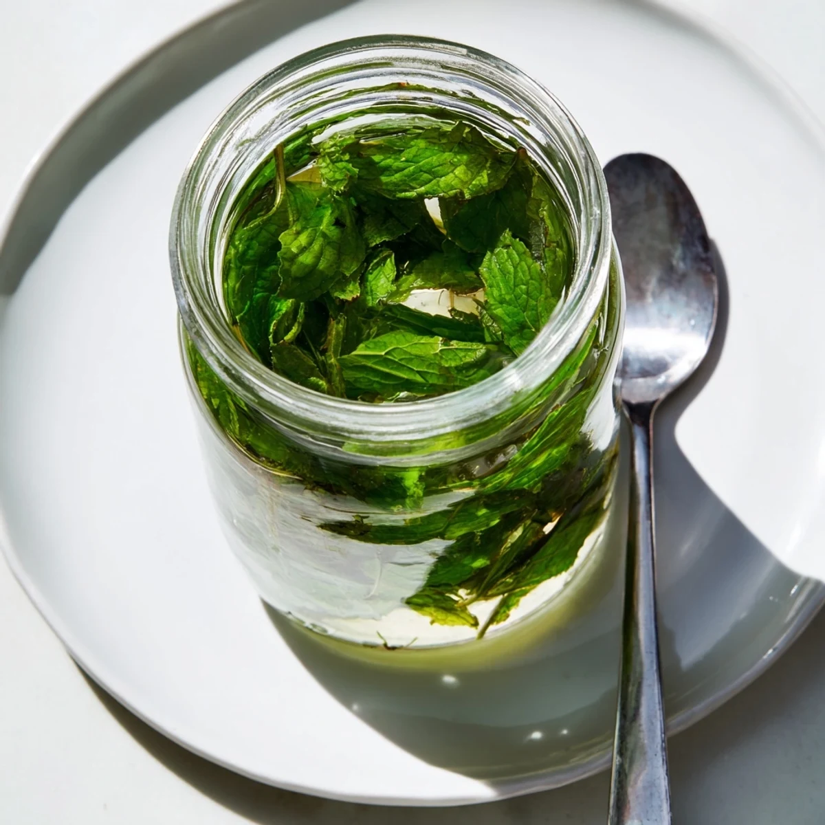 Bright green peppermint leaves steep in vodka, promising aromatic homemade peppermint extract for desserts.