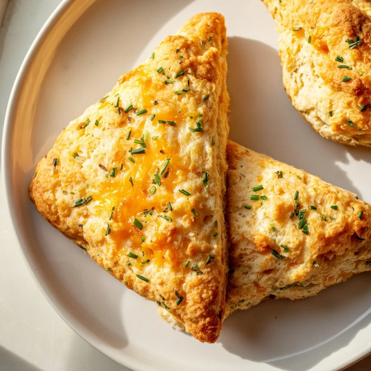 Golden-brown savory scones, fresh from the oven, offer a buttery aroma and a cheesy bite.
