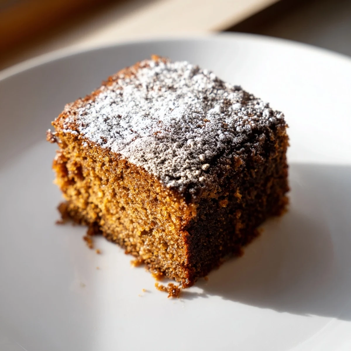 Warm, spiced gingerbread cake slice with fluffy frosting on a plate, ready to enjoy.