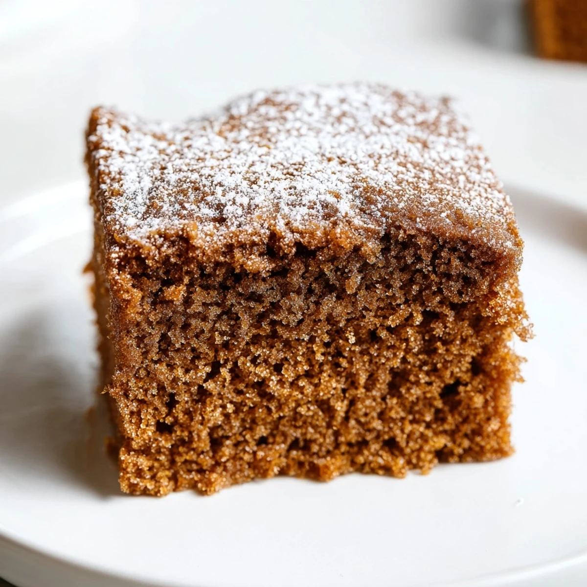 Moist gingerbread loaf with a dark, rich color, perfect for a cozy afternoon snack.