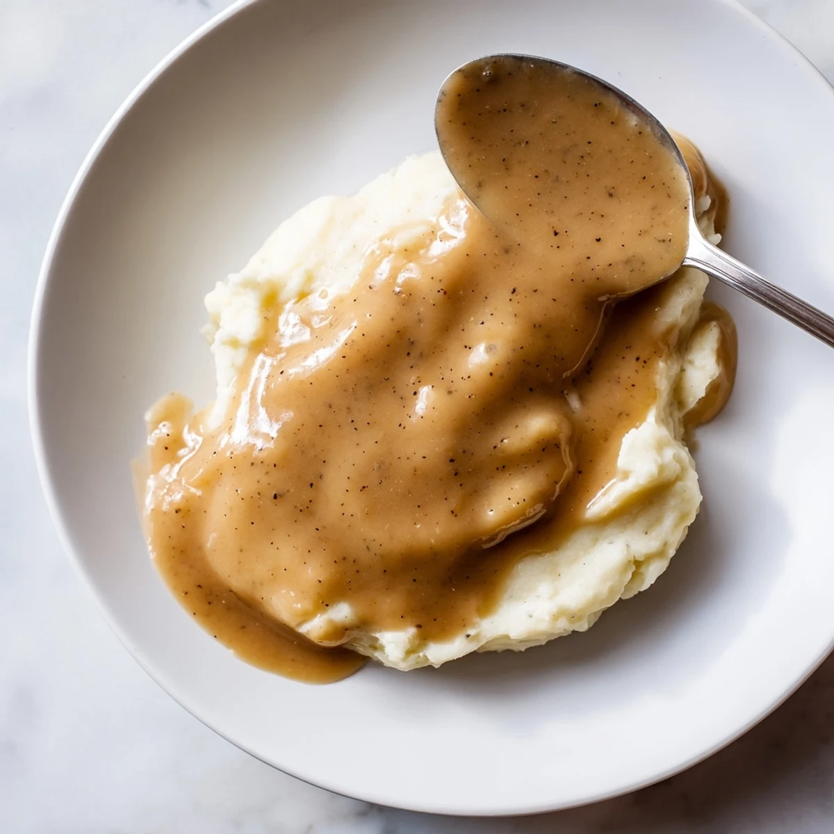 A close-up of glossy, savory beef gravy, ready to pour over fluffy mashed potatoes.