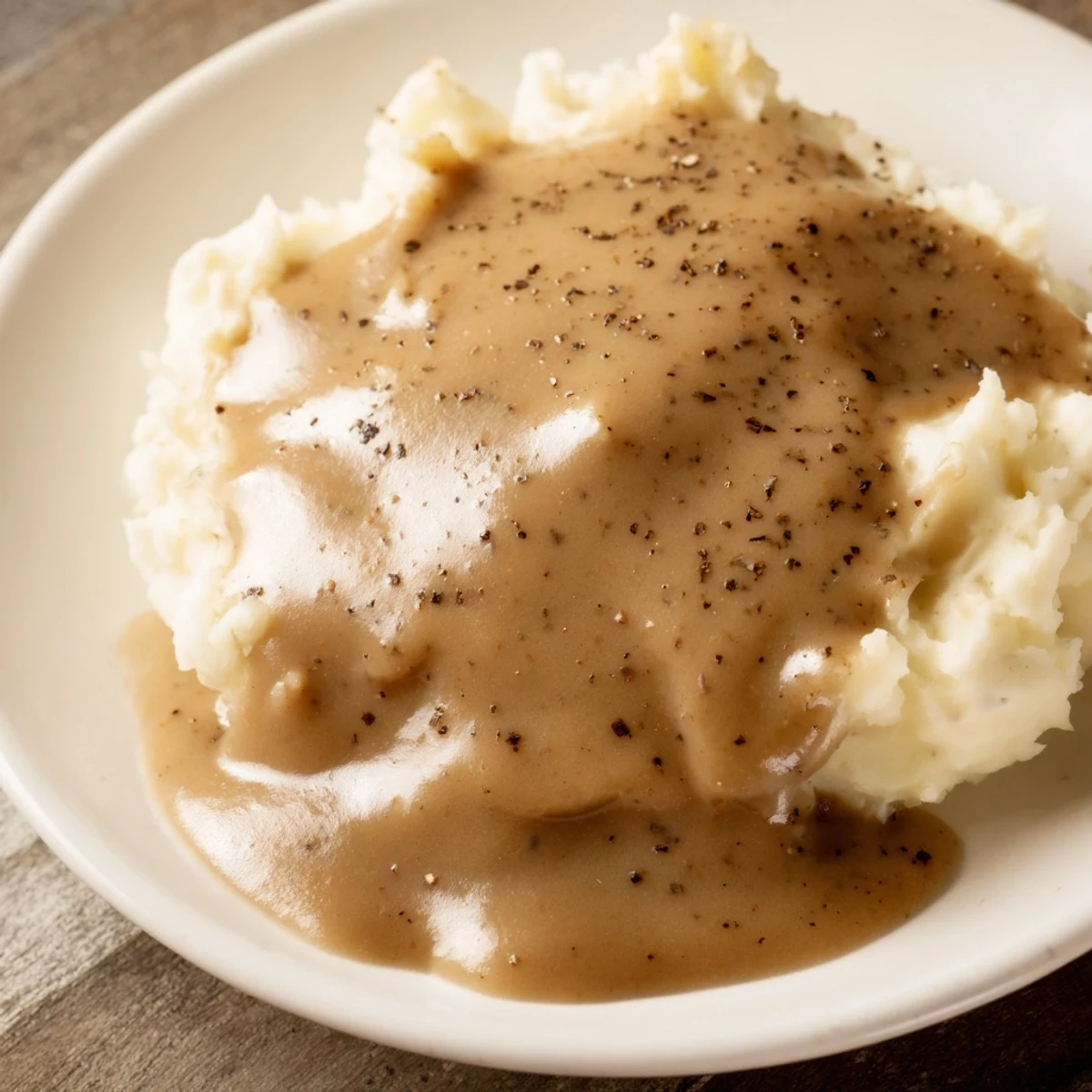 Thick and rich homemade beef gravy simmering in a saucepan, evoking comfort and warmth.