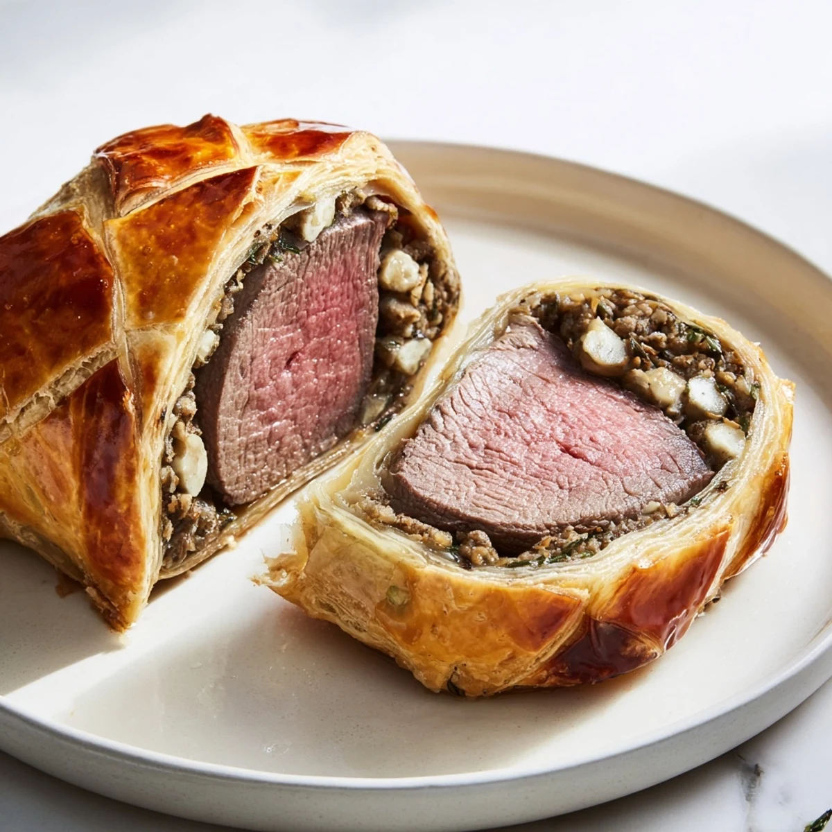This beautifully layered Beef Wellington shows the tender beef fillet before carving, ready to enjoy.