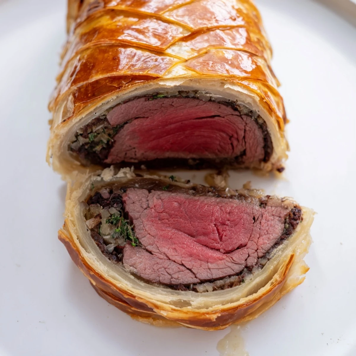 Golden, flaky crust encasing a juicy Beef Wellington, served for a special celebration dinner.