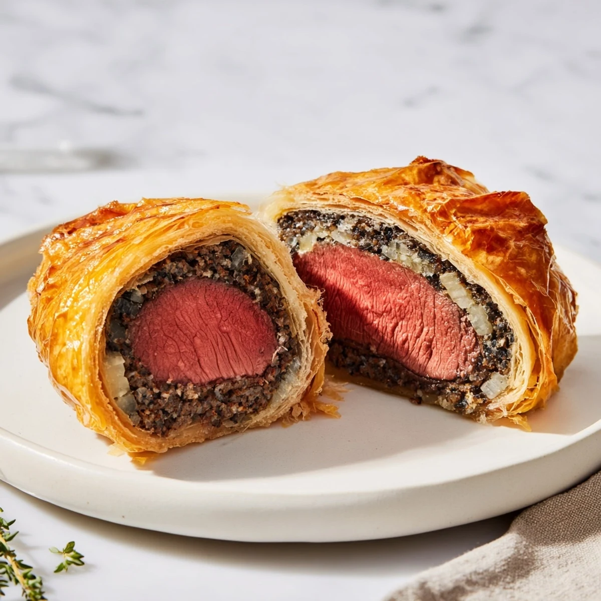 Close-up view of a perfectly baked Beef Wellington, showcasing its golden pastry and mushroom filling.
