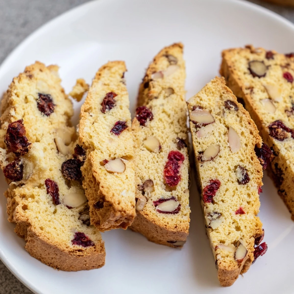 Golden-brown Cranberry Almond Biscotti, crunchy cookies studded with bright red cranberries, perfect for dessert.